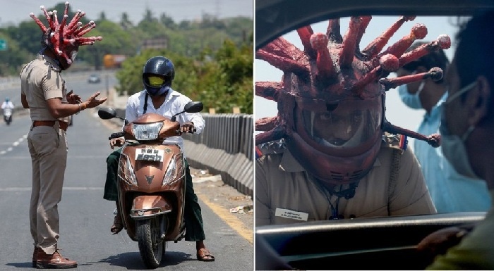 Polisi Gunakan Helm ‘Sangar’ untuk Cegah Warga Keluyuran